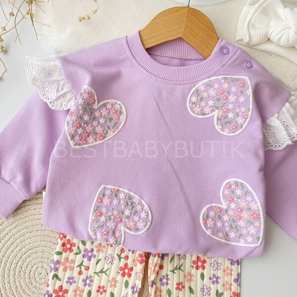 Çiçekli Kalpler Fisto Kol Detaylı 2’Li Takım