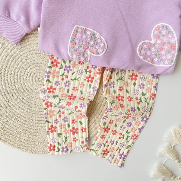 Çiçekli Kalpler Fisto Kol Detaylı 2’Li Takım