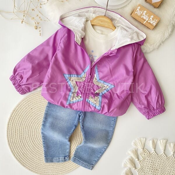 Yıldız Nakışlı Yağmurluk ve Kot Pantolonlu 3’Lü Takım