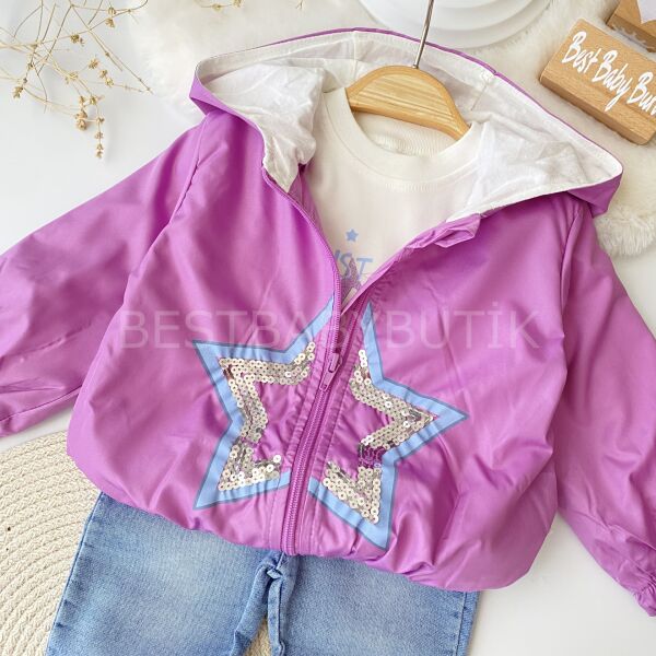 Yıldız Nakışlı Yağmurluk ve Kot Pantolonlu 3’Lü Takım 9-12 AY