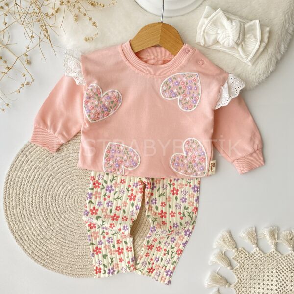 Çiçekli Kalpler Fisto Kol Detaylı 2’Li Takım