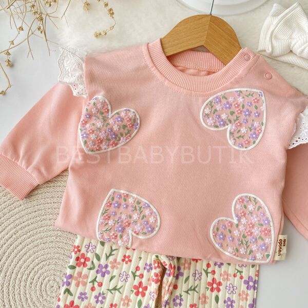 Çiçekli Kalpler Fisto Kol Detaylı 2’Li Takım