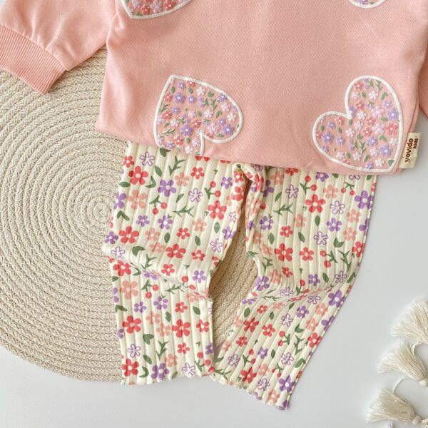 Çiçekli Kalpler Fisto Kol Detaylı 2’Li Takım