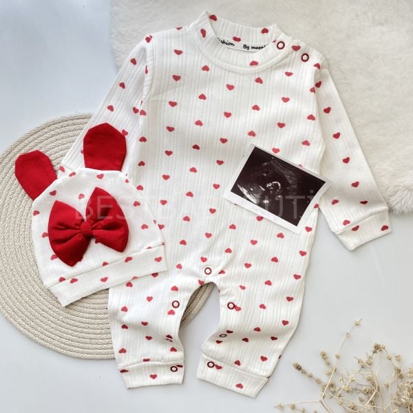 BABY MİNİK KALP DESENLİ FİTİLLİ TULUM VE BERESİ