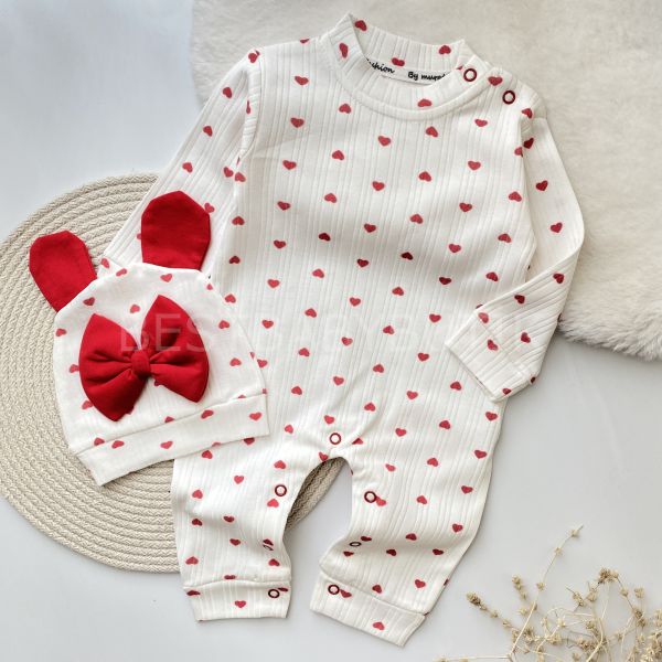 BABY MİNİK KALP DESENLİ FİTİLLİ TULUM VE BERESİ