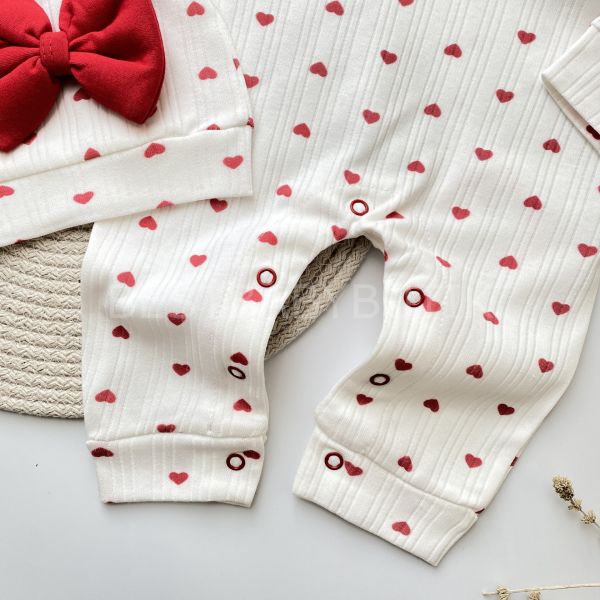 BABY MİNİK KALP DESENLİ FİTİLLİ TULUM VE BERESİ