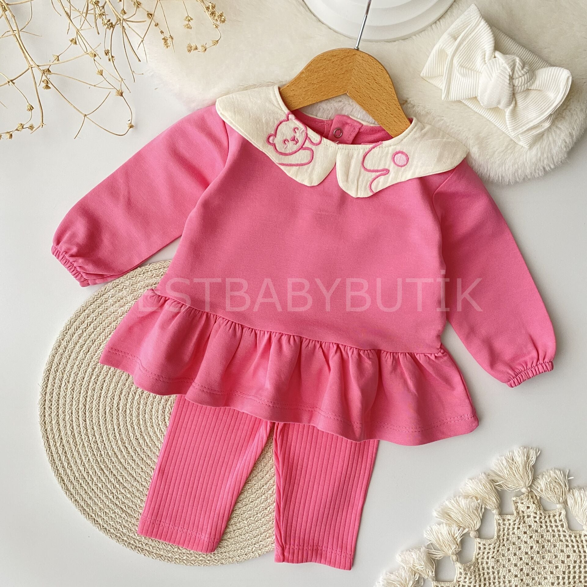 Kedi Müslin Yaka Detaylı Fırfırlı Taytlı 2’Li Takım 9-12 AY