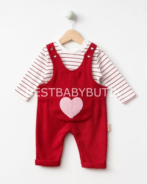 Kalp Panç İşlemeli Çizgili Badili Kadife 2’li Tulum 3-6 AY