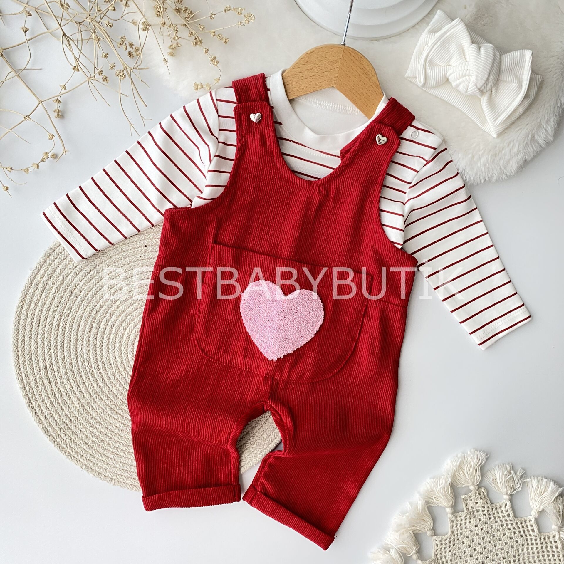 Kalp Panç İşlemeli Çizgili Badili Kadife 2’li Tulum 3-6 AY