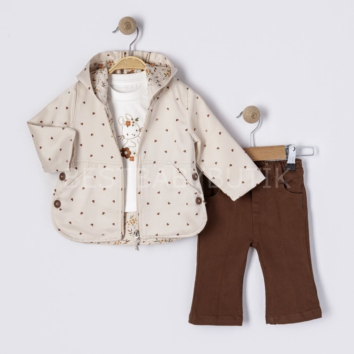 Kalp Detaylı Fermuarlı Trençkotlu Pantolonlu 3’Lü Takım (LÜXS KALİTE)