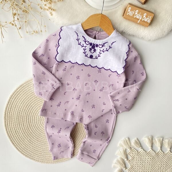 Çiçek Nakışlı Yaka Detaylı 2’Li Takım