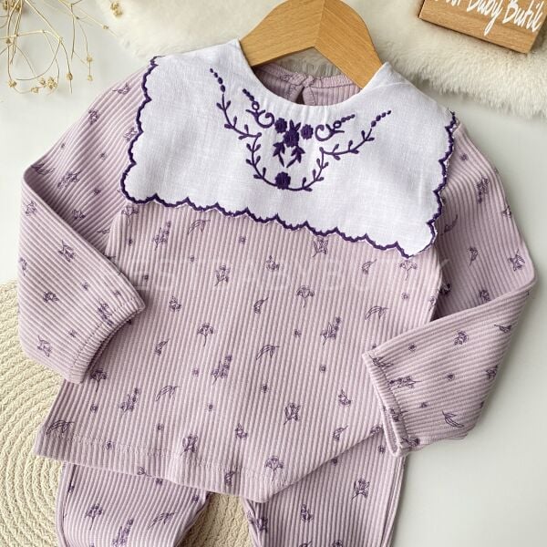 Çiçek Nakışlı Yaka Detaylı 2’Li Takım