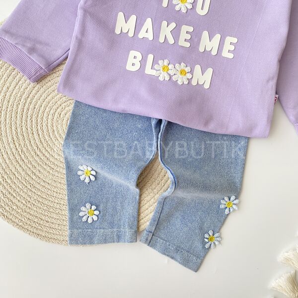 Papatyalı Detaylı Kot Pantolonlu 2’Li Takım