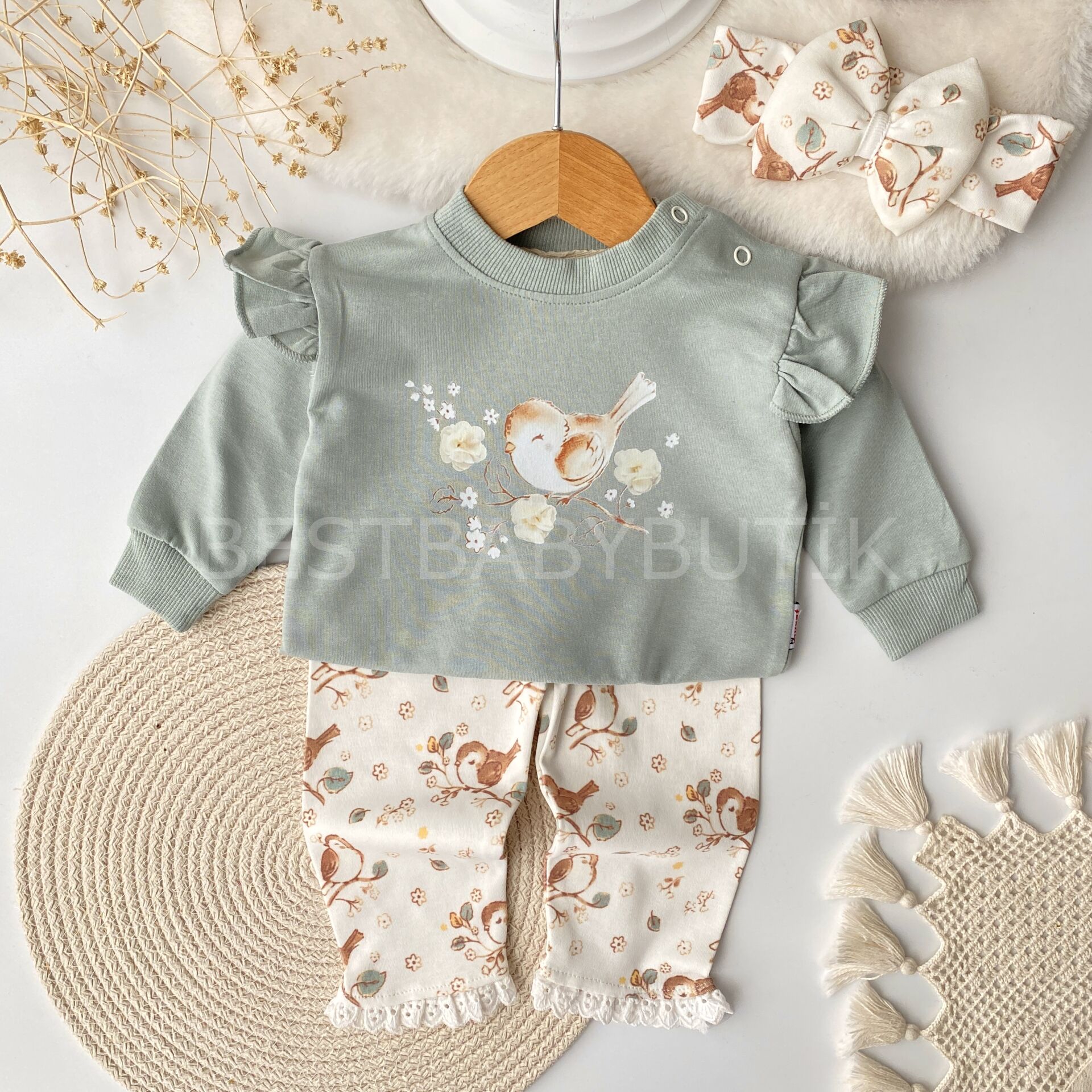 Kuş Desenli Bandanalı Pamuklu 3’Lü Takım