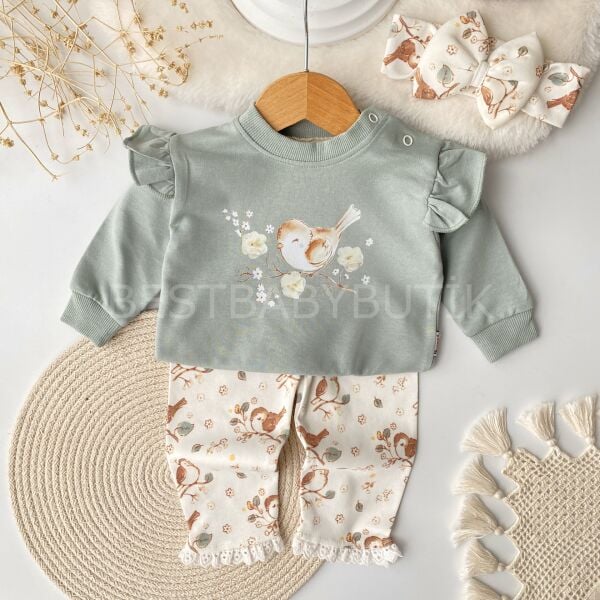 Kuş Desenli Bandanalı Pamuklu 3’Lü Takım