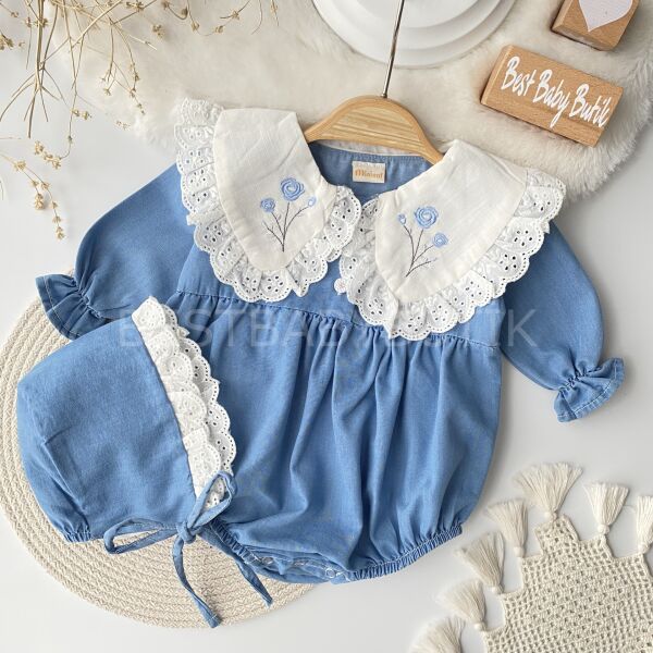 Çiçek Nakışlı Büyük Yakalı Kot Romper Ve Beresi