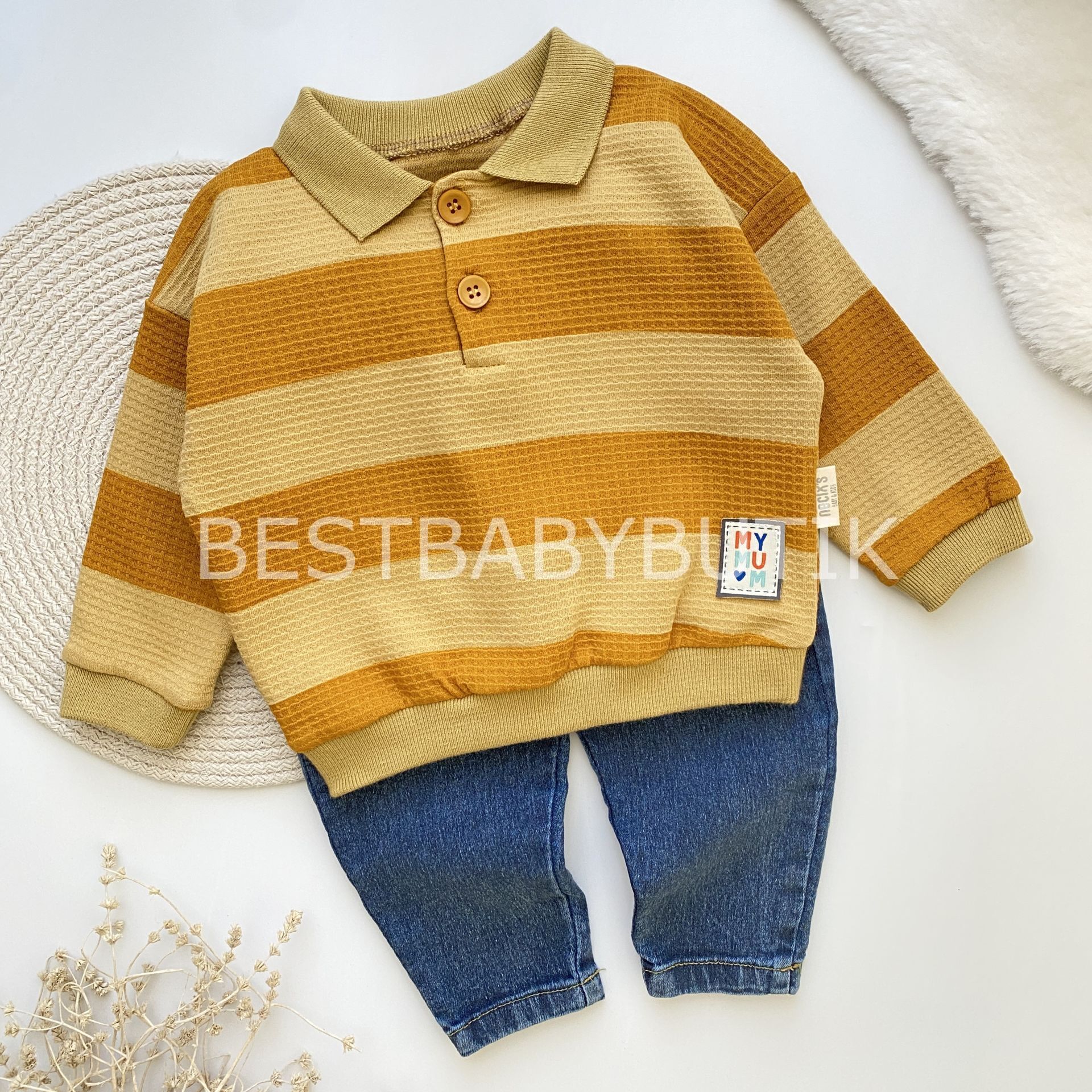 Polo Yaka Çizgili Kot Pantolonlu 2’Li Takım