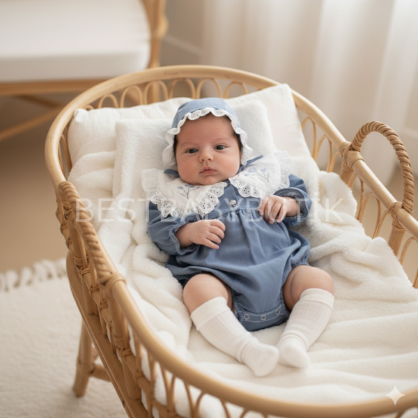 Çiçek Nakışlı Büyük Yakalı Kot Romper Ve Beresi