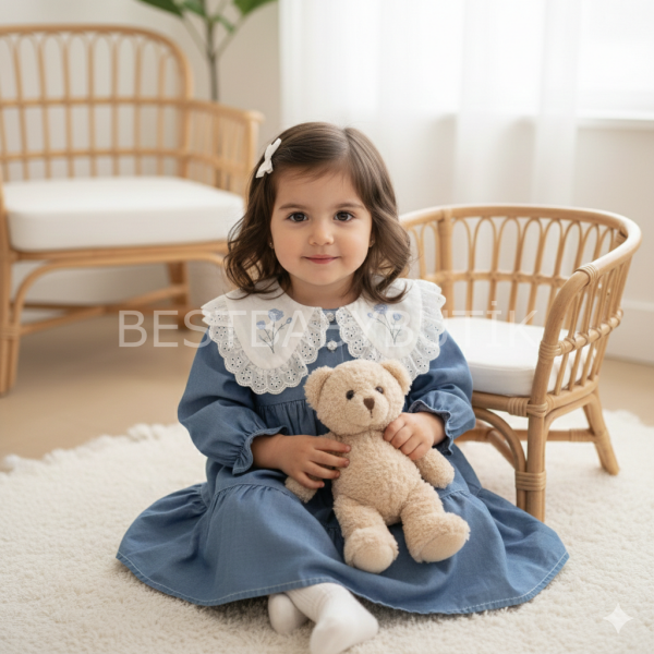 Çiçek Nakışlı Büyük Yakalı Kot Elbise (1-5 YAŞ) 1 YAŞ