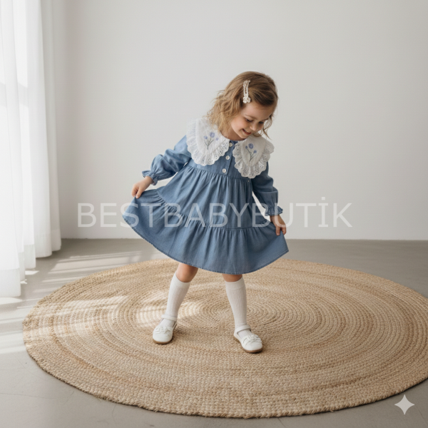 Çiçek Nakışlı Büyük Yakalı Kot Elbise (1-5 YAŞ) 1 YAŞ