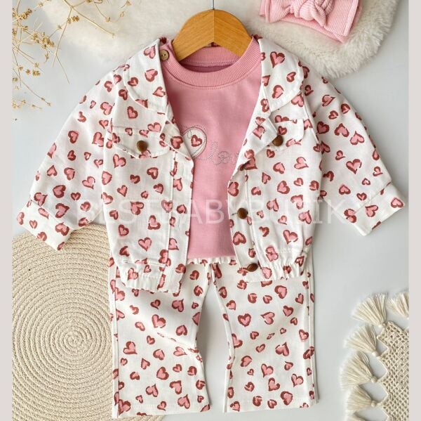 Kalp Desenli İspanyol Paça Kot Ceketli 3’lü Takım