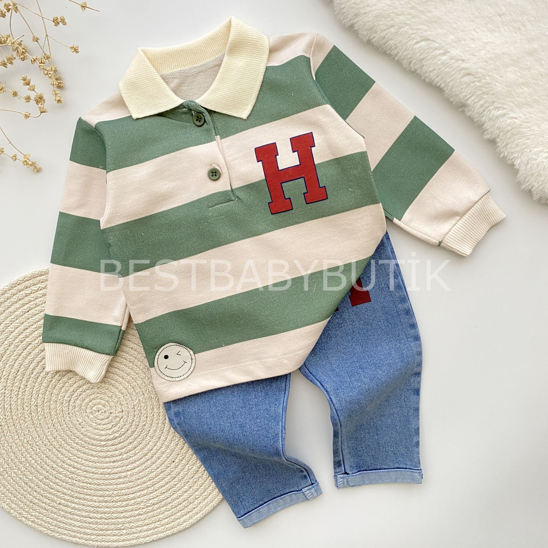 H Harf Detaylı Çizgili Polo Yaka 2’Li Takım