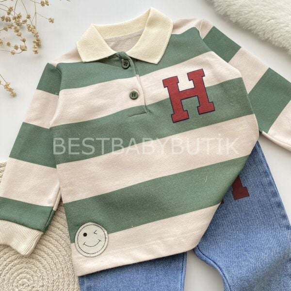 H Harf Detaylı Çizgili Polo Yaka 2’Li Takım