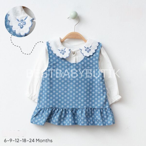 Sara Nakışlı Bebe Yaka Detaylı Gömlekli Kot Elbise 6-9 AY