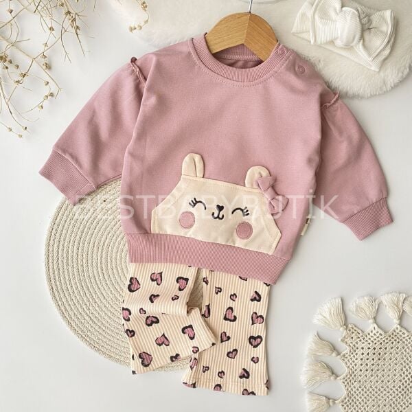 Sevimli Kedi Cepli Kalp Desenli 2’Li Alt Üst Takım