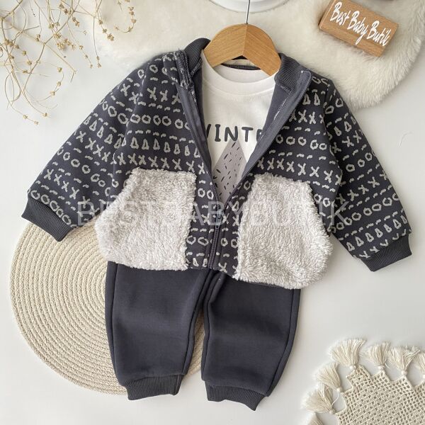 Peluş Cep Detaylı Hırkalı Şardonlu 3’Lü Takım