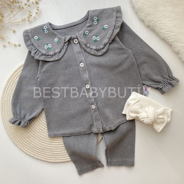 VİCTORİA ÇİÇEK NAKIŞLI BEBEK YAKA KOT 2’LI TAKIM