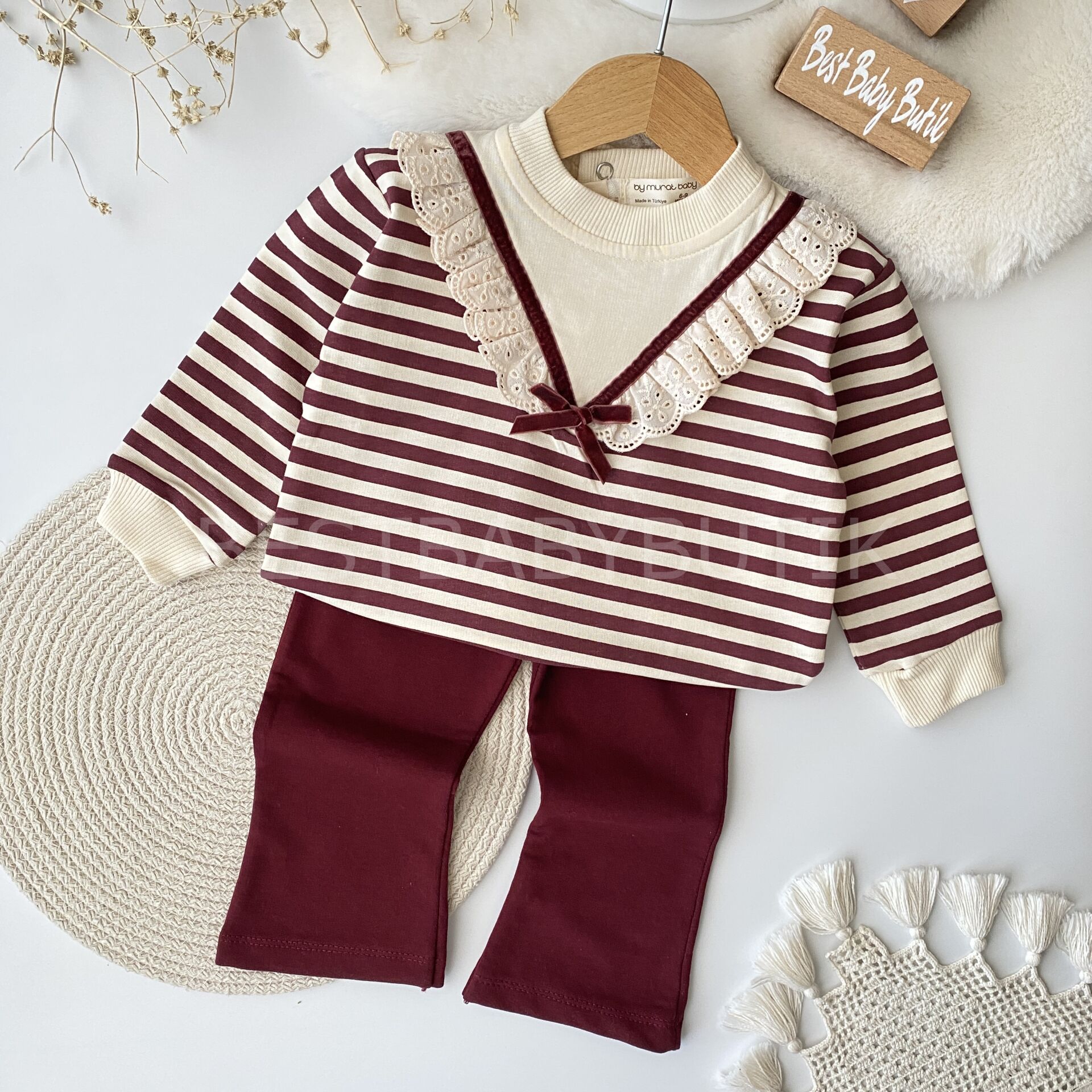Defne Bordo Çizgili Fisto Yaka Detaylı 2’Li Takım
