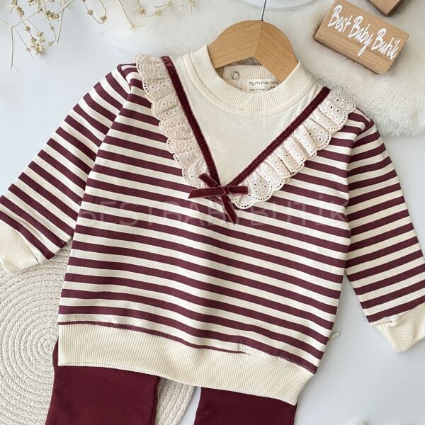 Defne Bordo Çizgili Fisto Yaka Detaylı 2’Li Takım