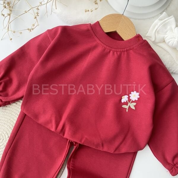 Papatya Nakışlı %100 Pamuk Oversize Eşofman Takımı