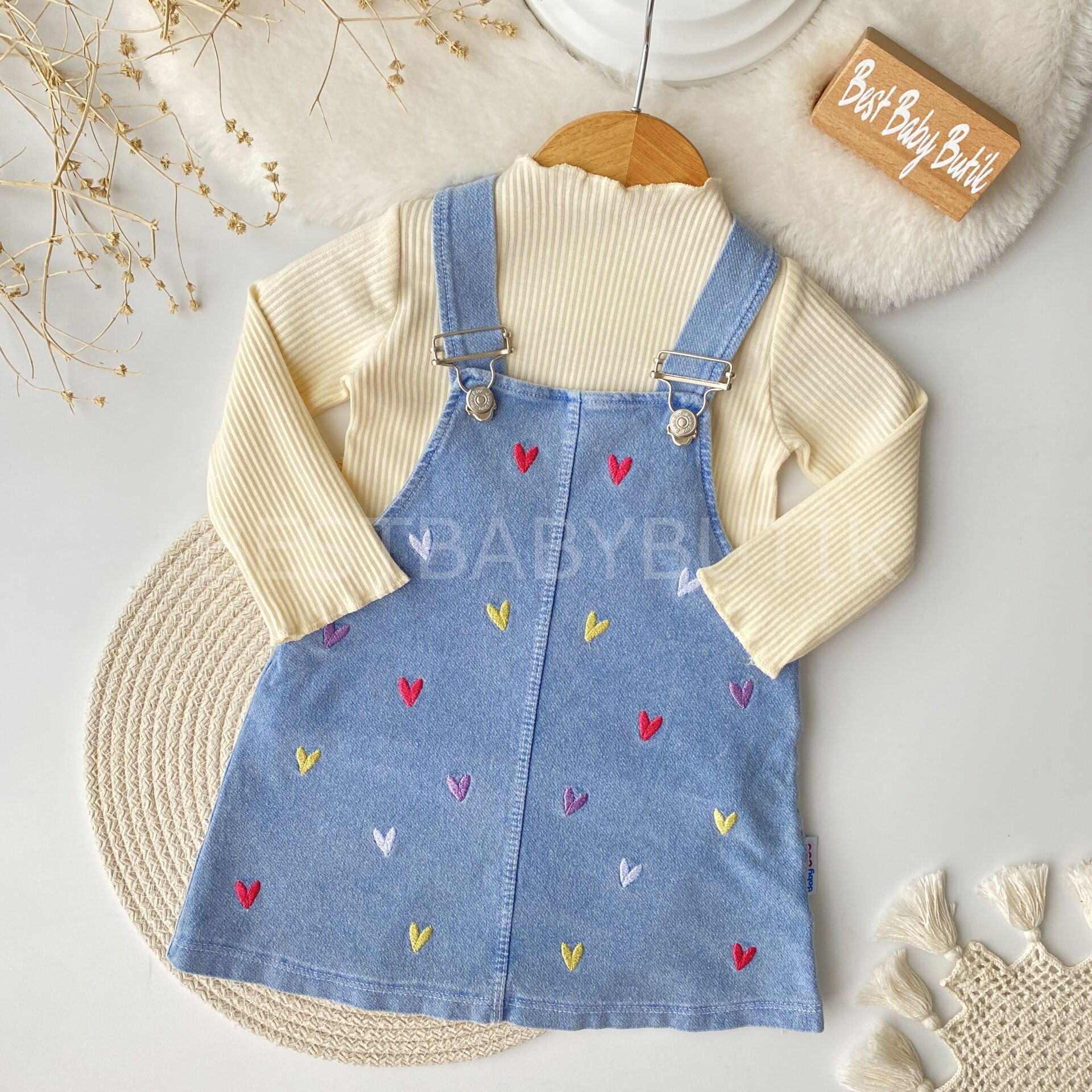 Kalp Nakışlı Badili Kot Salopet Elbise 6-9 AY