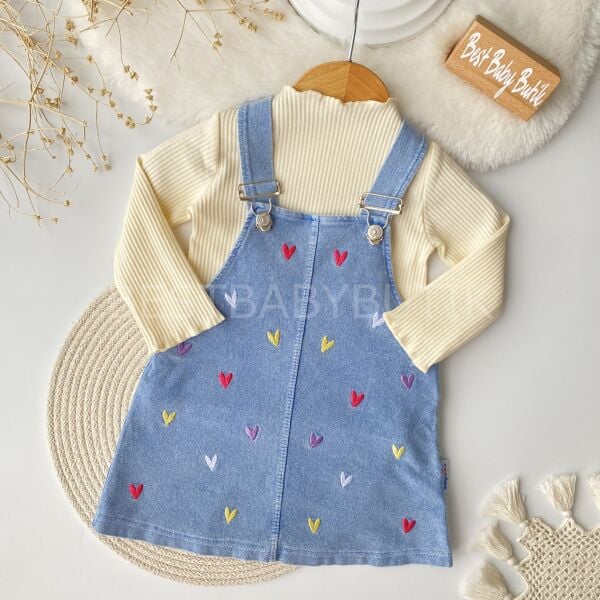 Kalp Nakışlı Badili Kot Salopet Elbise