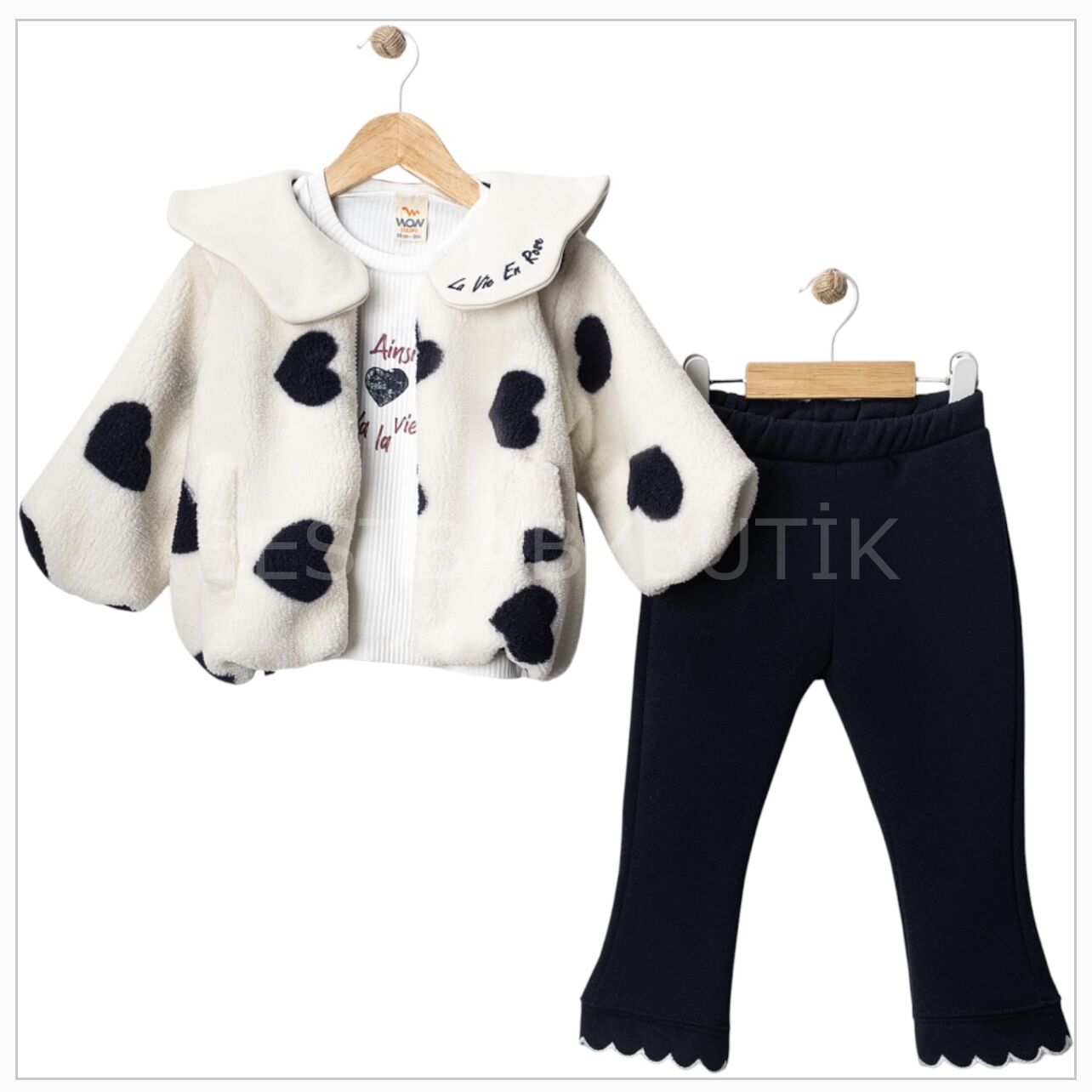 Yakası Nakışlı Kalpli Peluş Ceketli 3’Lü Takım