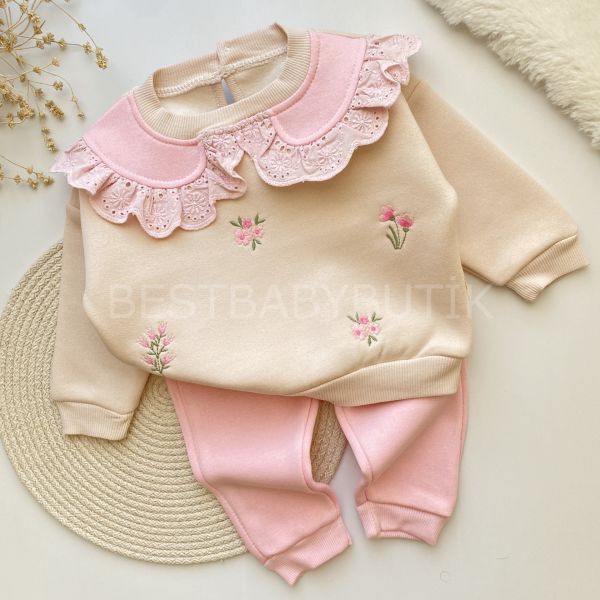 SOFİA ÇİÇEK NAKIŞLI BEBEK YAKA ŞARDONLU KIŞLIK ALT ÜST TAKIM