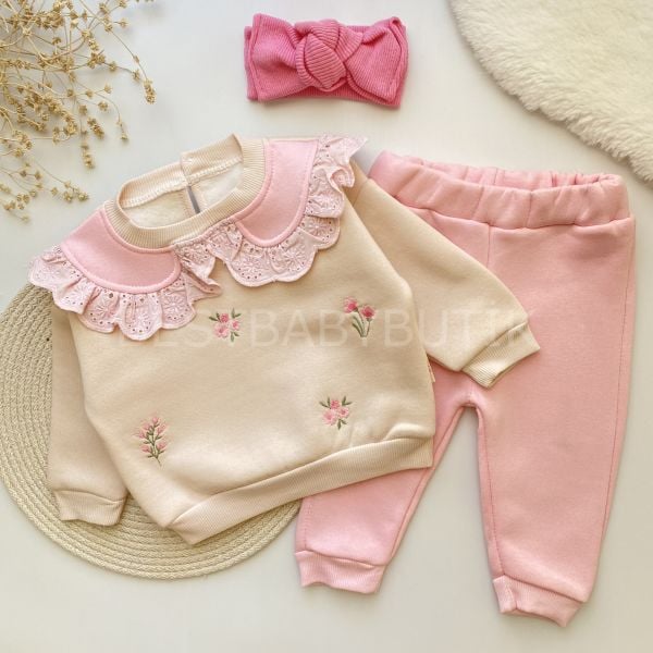 SOFİA ÇİÇEK NAKIŞLI BEBEK YAKA ŞARDONLU KIŞLIK ALT ÜST TAKIM