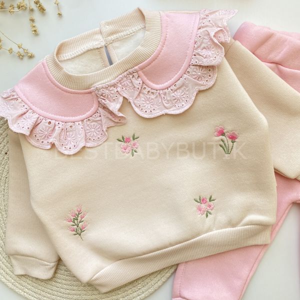 SOFİA ÇİÇEK NAKIŞLI BEBEK YAKA ŞARDONLU KIŞLIK ALT ÜST TAKIM
