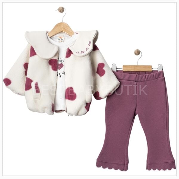 Yakası Nakışlı Kalpli Peluş Ceketli 3’Lü Takım