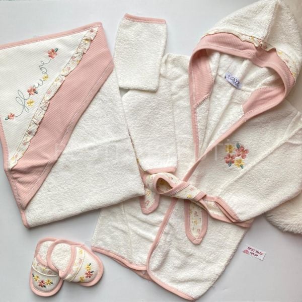 FLOWERS ÇİÇEK İŞLEME DETAYLI 4 PARÇA BORNOZ SETİ