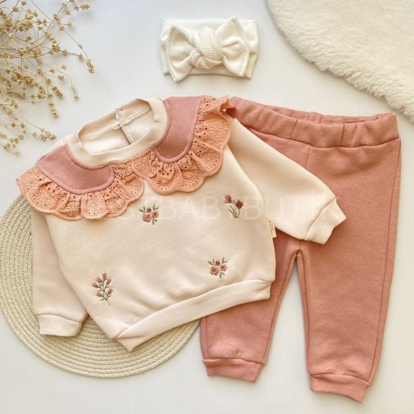 SOFİA ÇİÇEK NAKIŞLI BEBEK YAKA ŞARDONLU KIŞLIK ALT ÜST TAKIM