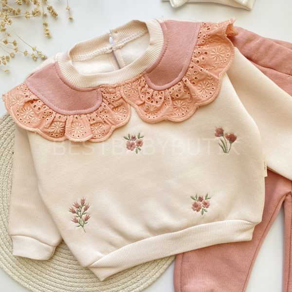 SOFİA ÇİÇEK NAKIŞLI BEBEK YAKA ŞARDONLU KIŞLIK ALT ÜST TAKIM