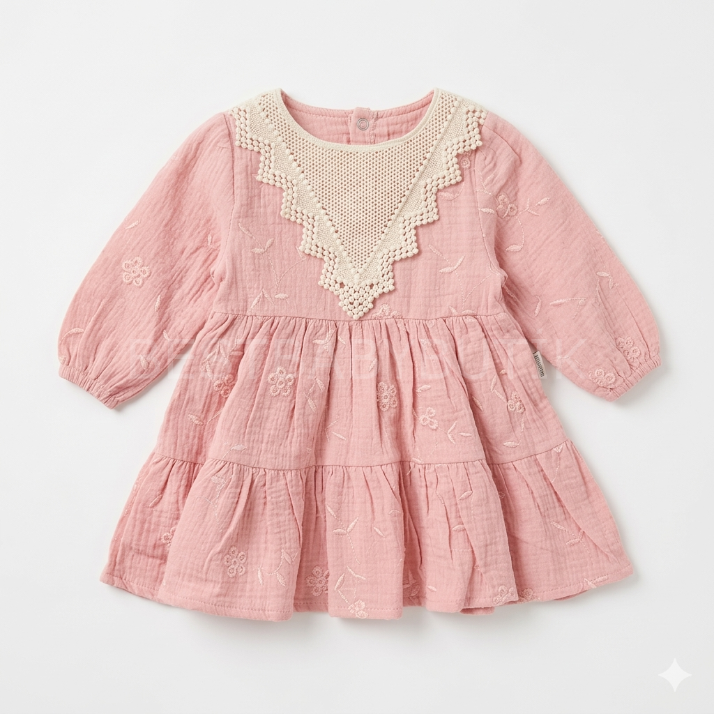 Üçgen Yaka Detaylı Müslin Elbise 12-18 AY