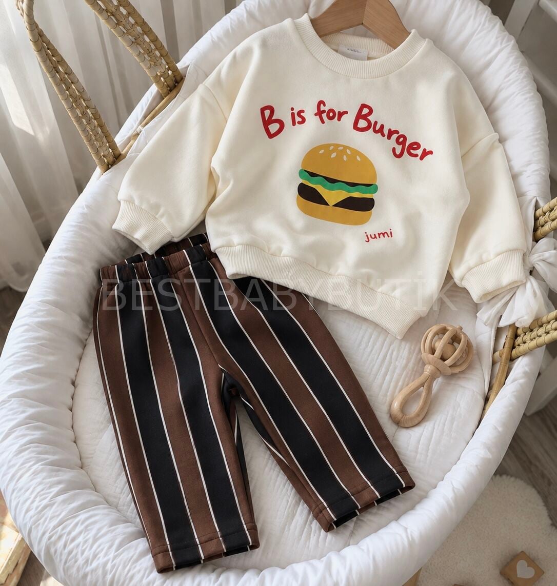Burger Baskılı 3 İplik Çizgili Eşofmanlı Takım 2-3 YAŞ
