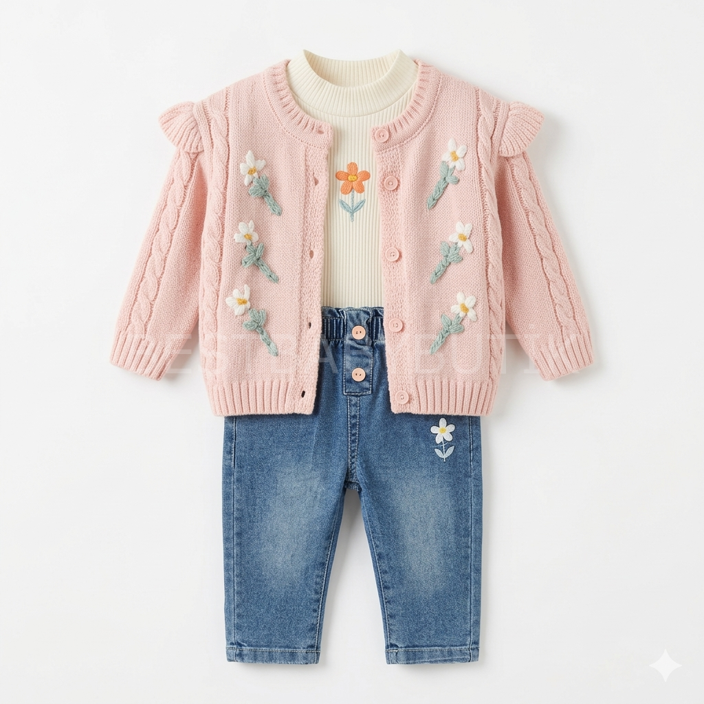 Çiçek Detaylı Hırkalı 3’Lü Takım 12-18 AY