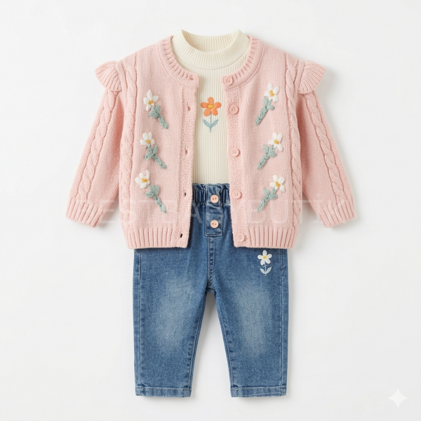 Çiçek Detaylı Hırkalı 3’Lü Takım