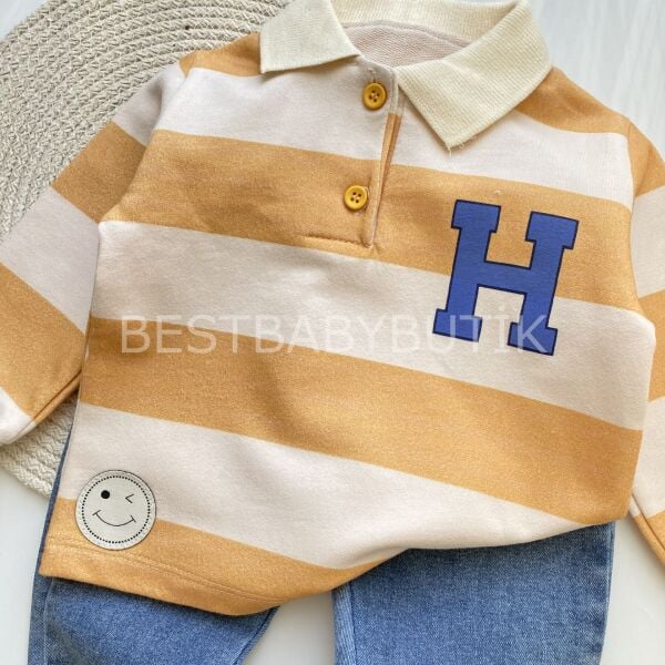 H Harf Detaylı Polo Yaka Çizgili Kot Pantolonlu 2’Li Takım