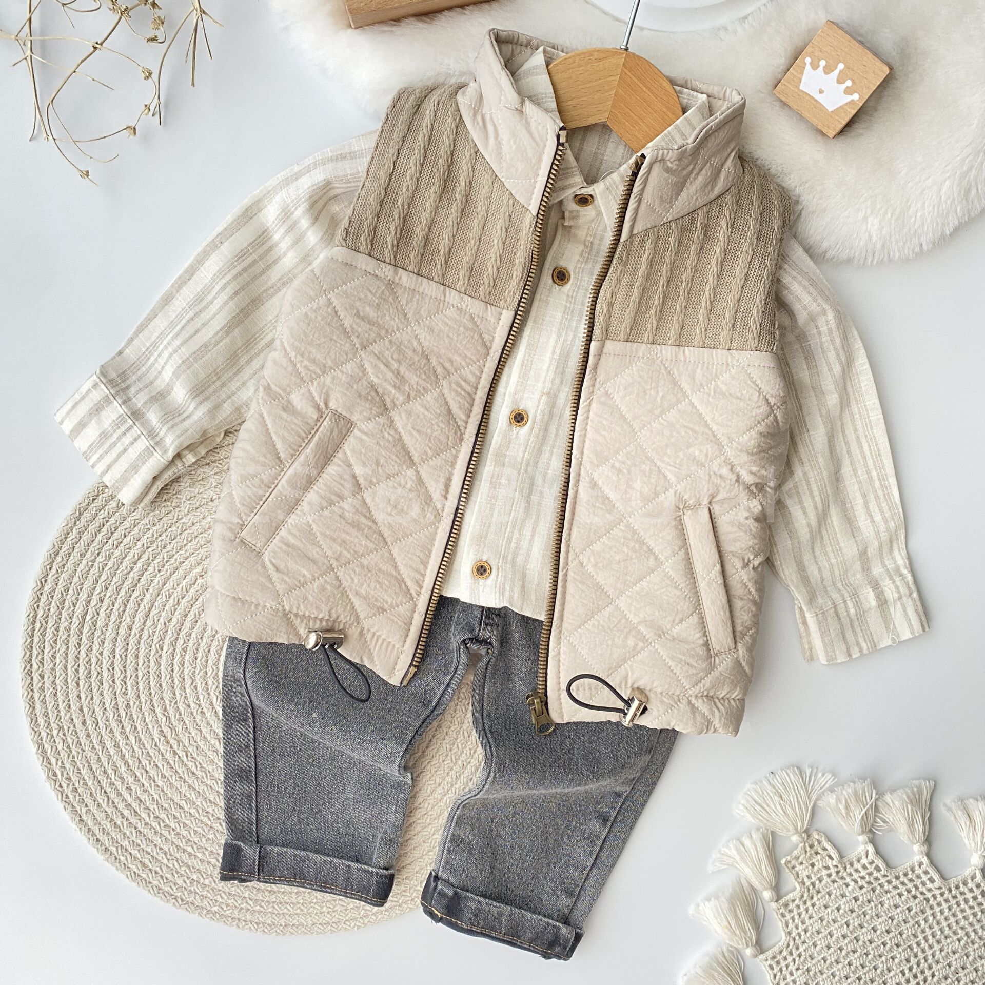 Premium Şişme Yelekli Kot Pantolonlu Gömlekli 3’Lü Takım